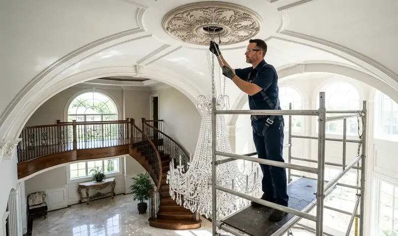 Licensed electrician installing a crystal chandelier in a two-story luxury foyer in Kansas City
