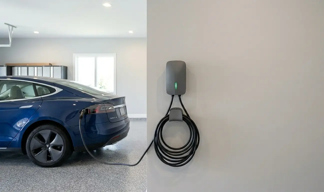 Clean hardwired EV charger installation in luxury garage