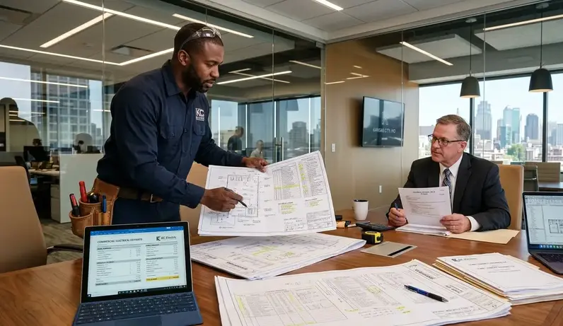 Commercial electrician preparing detailed project estimate inside modern Kansas City office building