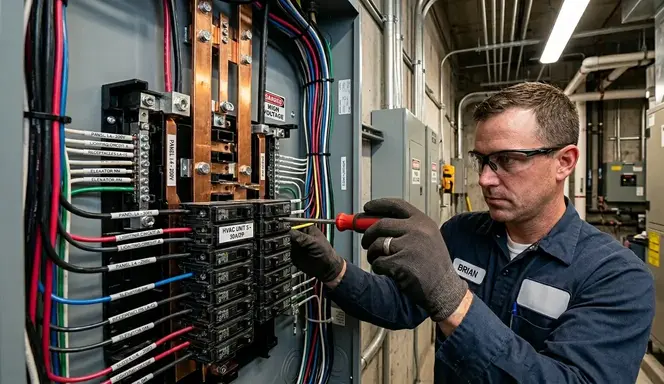 Close-up of commercial electrical panel upgrade with electrician working in Kansas City facility