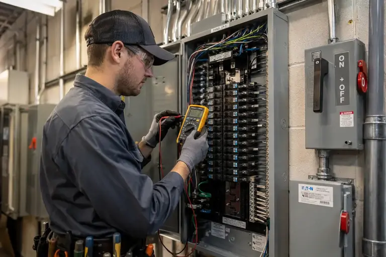 Commercial electrician troubleshooting electrical system with multimeter inside Kansas City business