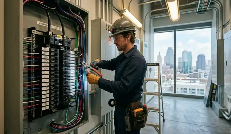 Licensed commercial electrician working on electrical panel inside Kansas City office building