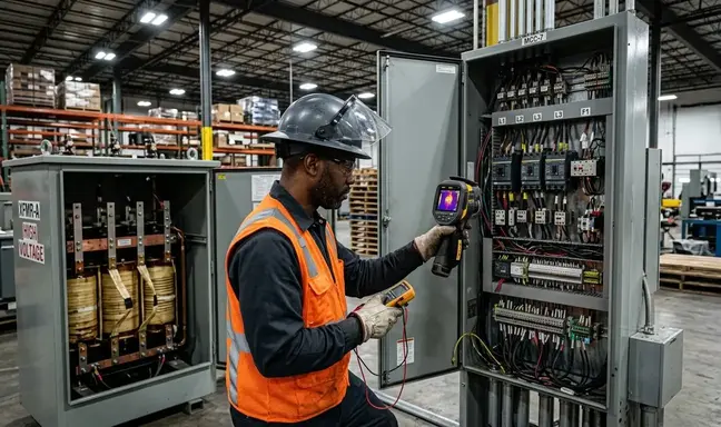 Industrial electrician inspecting switchgear and motor control centers
