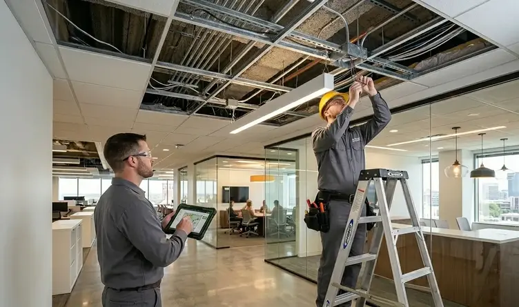Licensed electricians installing modern office and commercial lighting systems in Kansas City