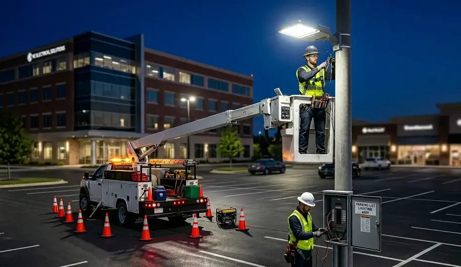 Commercial parking lot LED lighting installation at Kansas City business property
