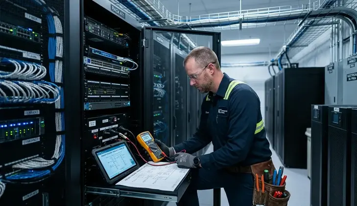 Commercial electrician working inside server room with structured cabling and power systems in Kansas City