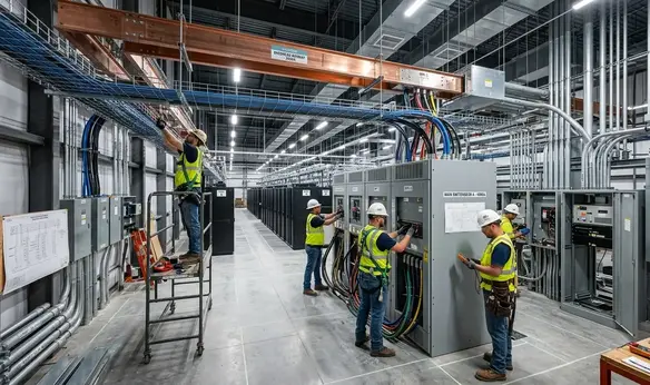 Licensed electricians installing switchgear and UPS systems inside a Kansas City data center