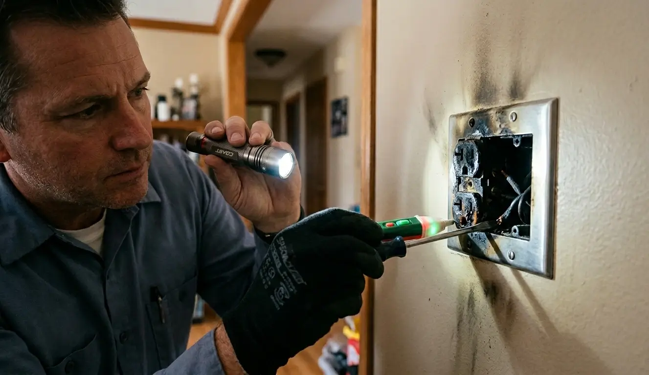 Electrician inspecting burnt electrical outlet for fire hazard