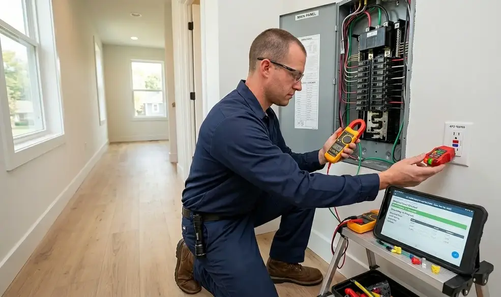 Electrician testing outlets, grounding, and electrical panel components