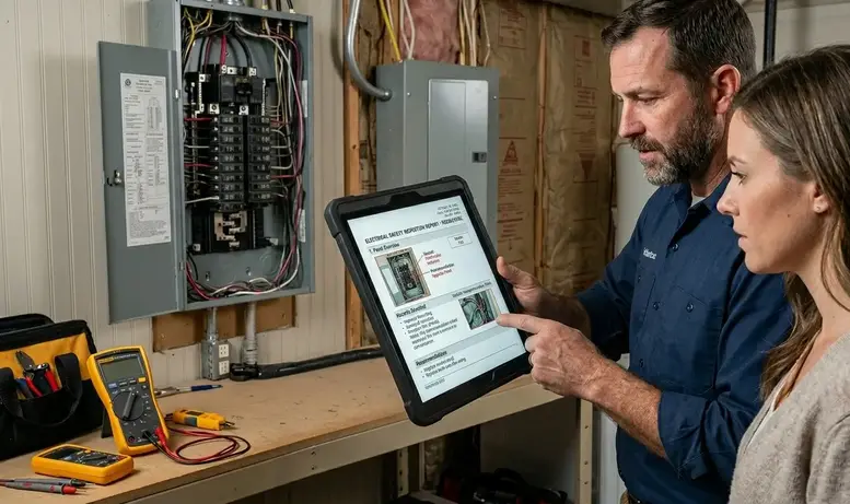 Detailed electrical inspection report reviewed with homeowner