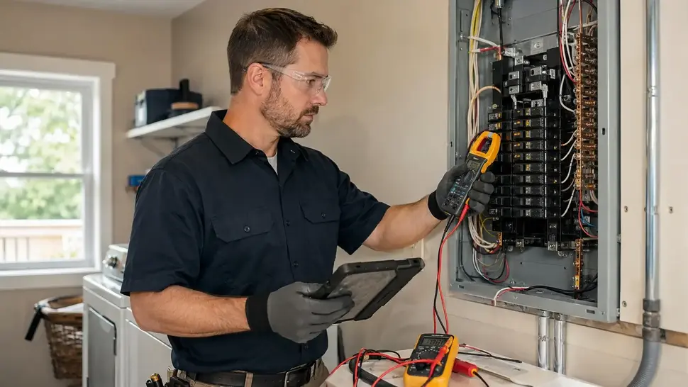 Licensed electrician performing electrical safety inspection on panel and wiring in Kansas City