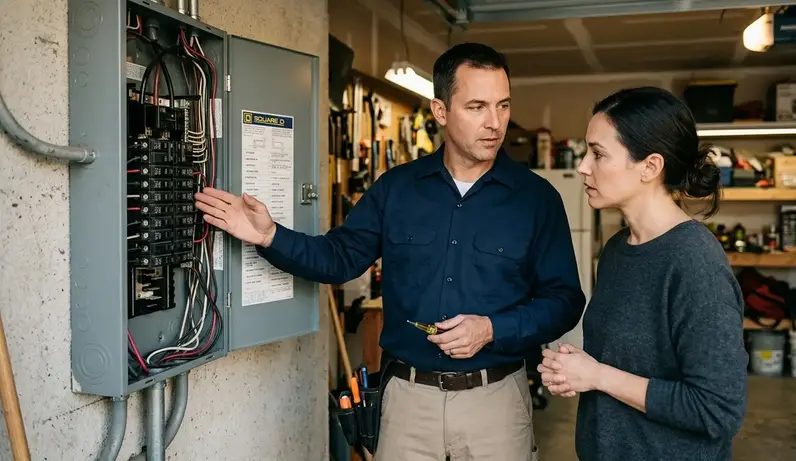 Electrician warning homeowner about unsafe electrical panel conditions