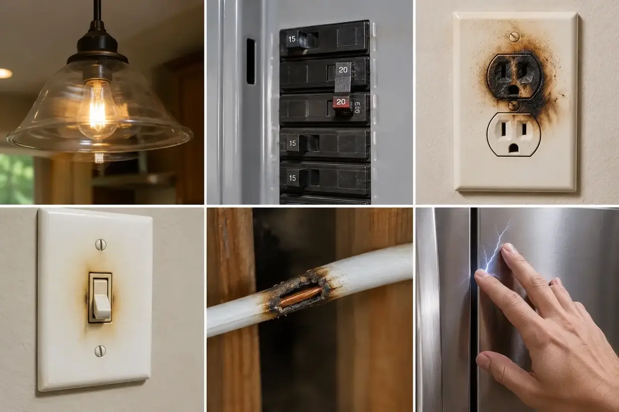 Common electrical warning signs including burned outlets and tripped breakers