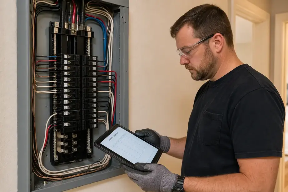 Electrician performing load calculation on electrical panel in Kansas City home