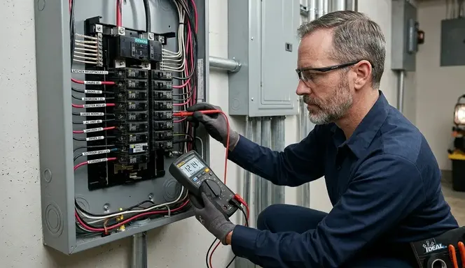 Electrician performing voltage and load diagnostics in electrical panel