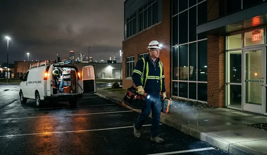 Emergency commercial electrician responding to power outage at Kansas City business at night