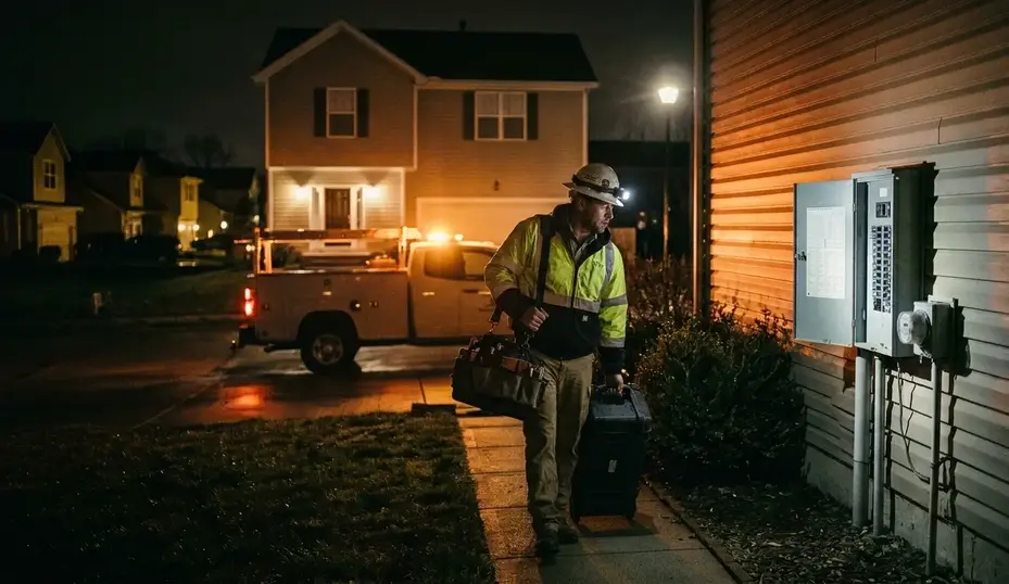 Emergency electrician responding to electrical outage in Kansas City home at night