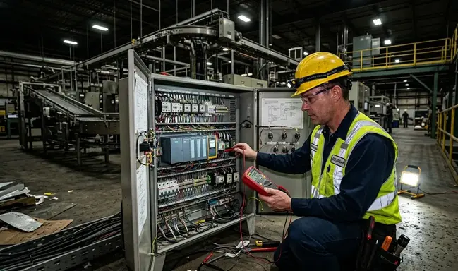 Industrial electrician troubleshooting a failed control panel during emergency repair in Kansas City