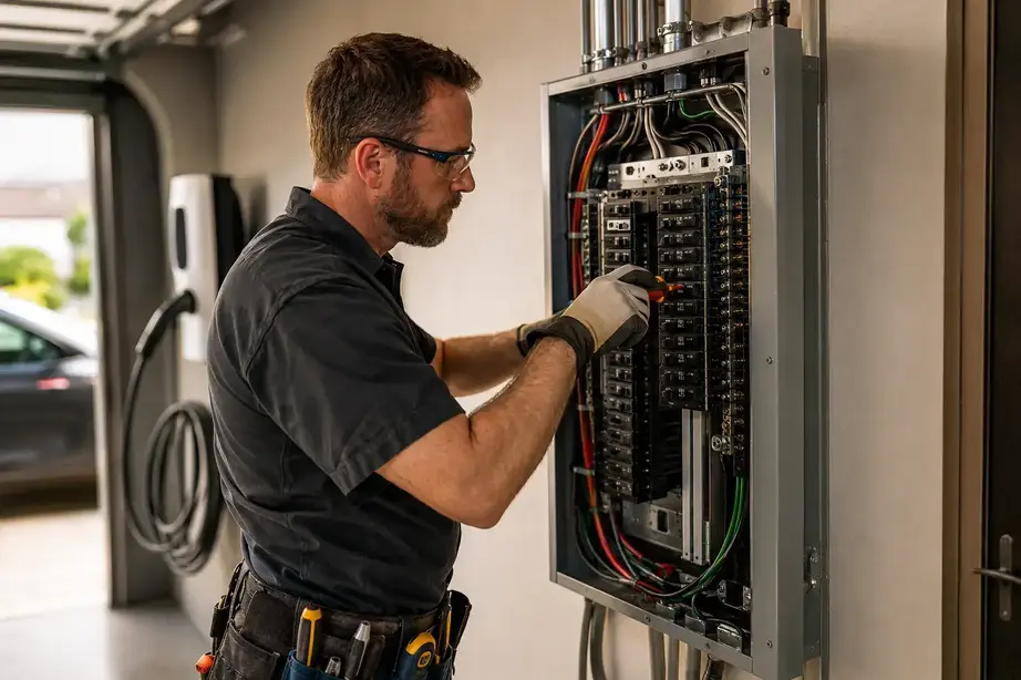 Electrician upgrading electrical panel for EV charger installation in Kansas City
