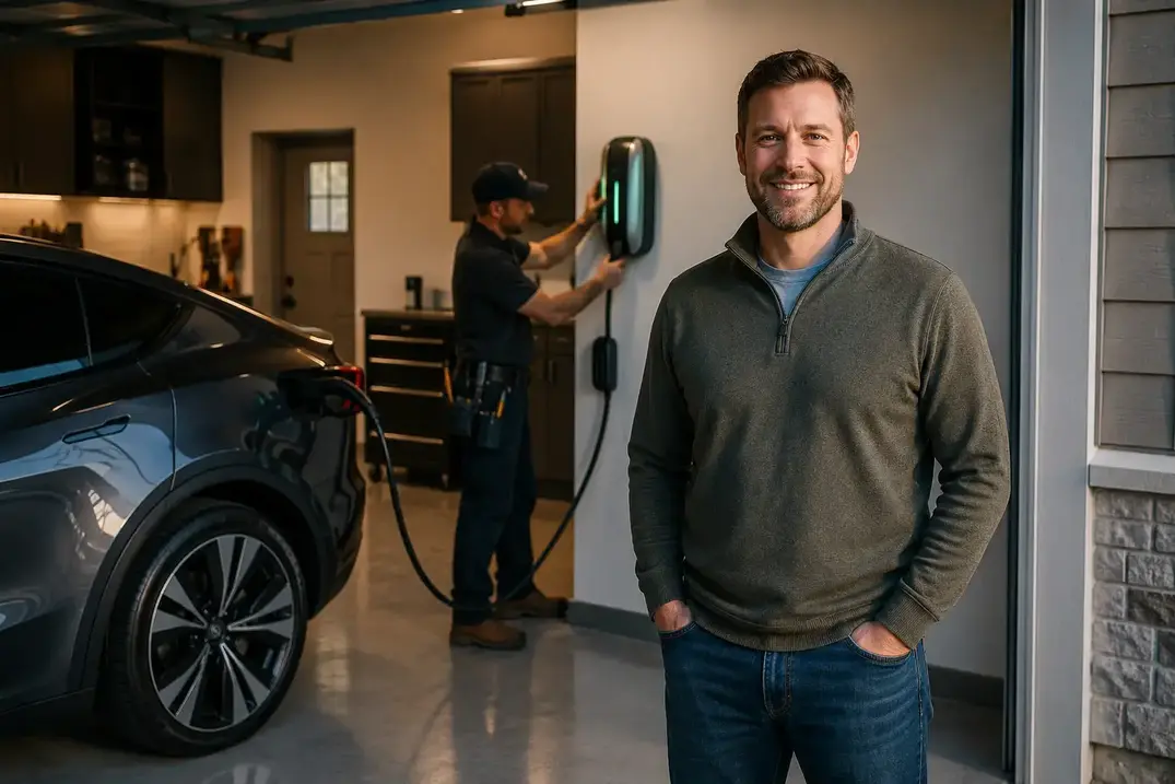 Happy Kansas City homeowner with newly installed EV charger