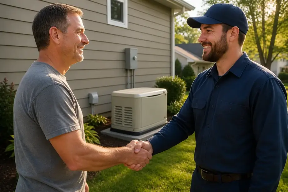 Happy Kansas City homeowner with electrician after generator installation