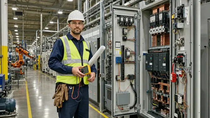 Industrial electrician troubleshooting control systems in Kansas City manufacturing facility