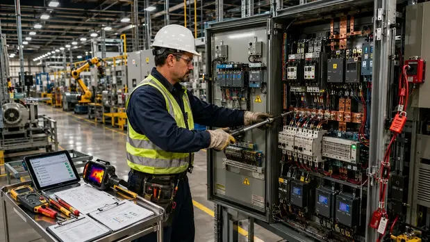 Industrial electrician performing preventive maintenance in Kansas City manufacturing plant