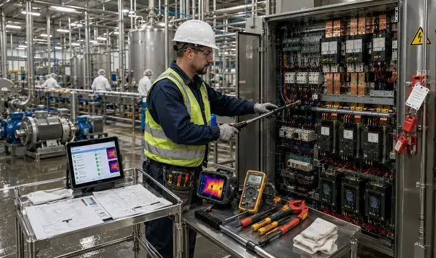 Industrial electrician performing preventive maintenance in Kansas City manufacturing facility