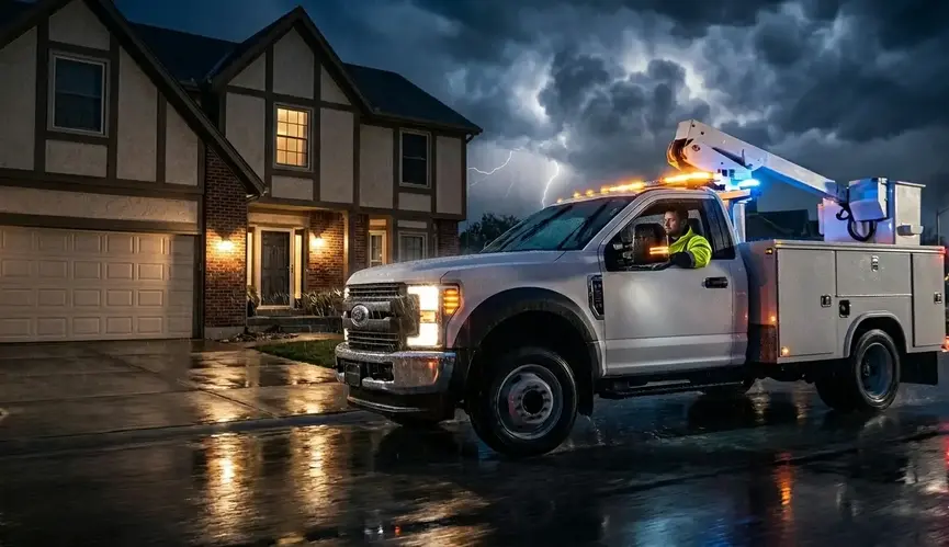 Emergency electrician truck arriving at Kansas City residential neighborhood