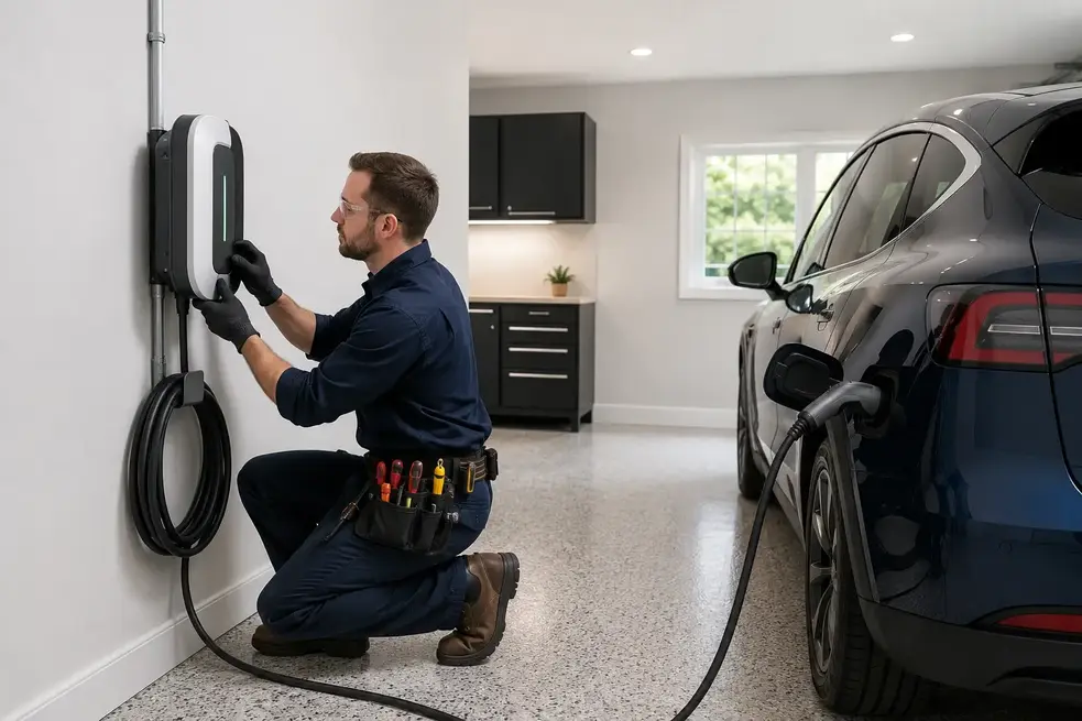 Licensed electrician installing Level 2 EV charger in Kansas City garage