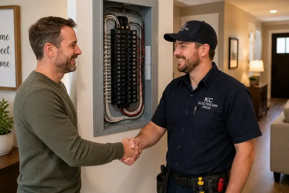 Happy homeowner with electrician after panel upgrade in Kansas City