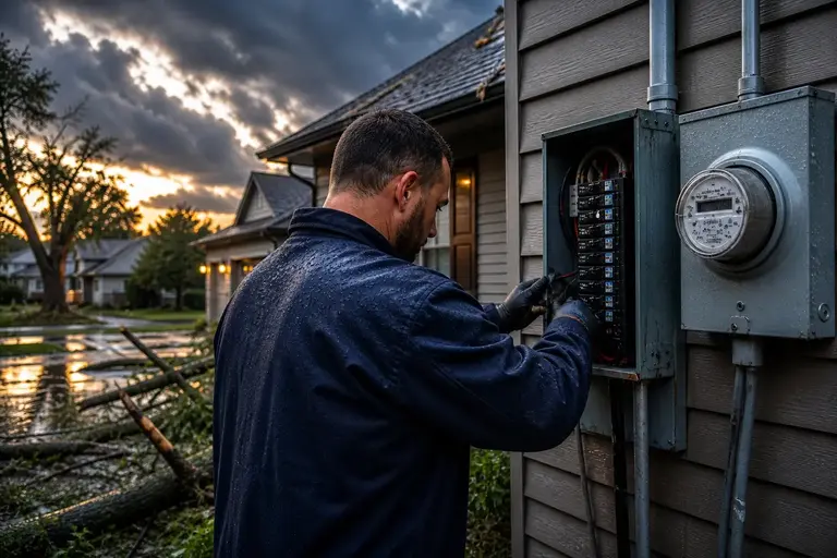 Storm damaged home electrical system being repaired by electrician