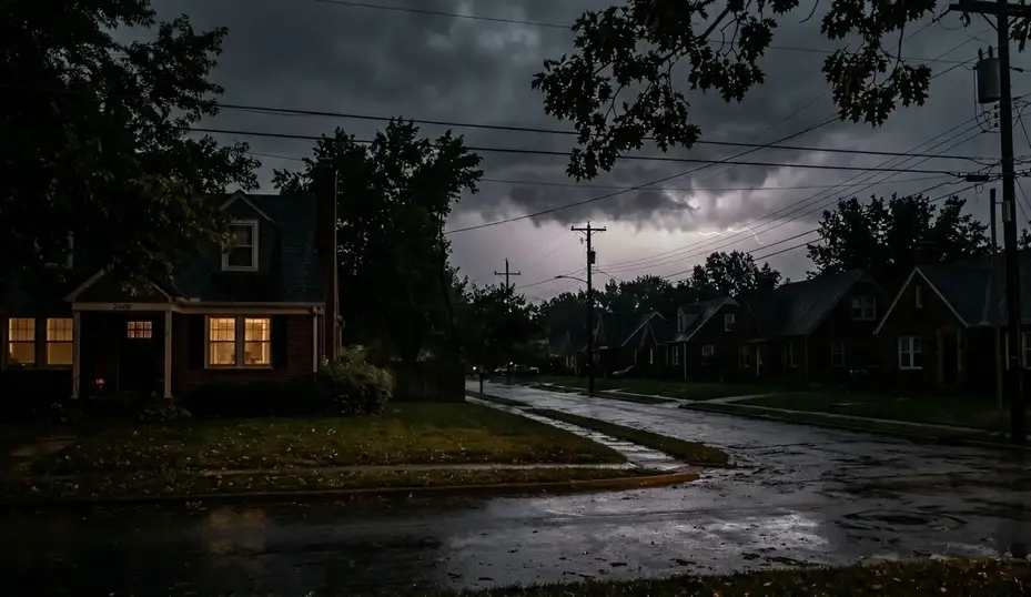 Kansas City neighborhood during storm power outage with dark homes and active generator