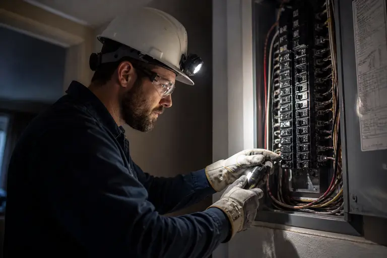 Electrician diagnosing breaker panel failure in Kansas City home