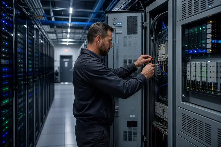 Electrician working in commercial ai server room electrical systems in Kansas City