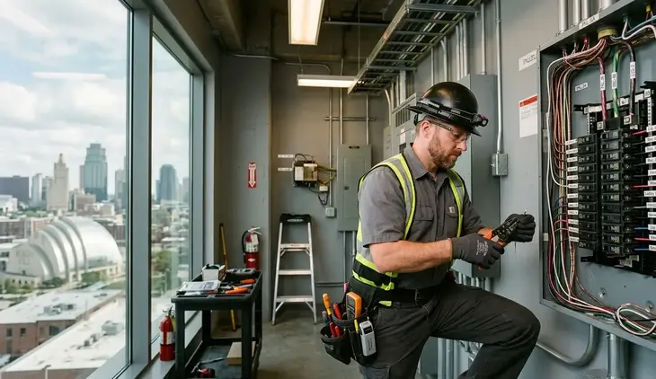 Licensed commercial electrician working on electrical panel inside Kansas City business building