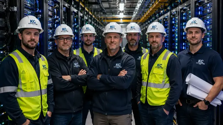 Mission-critical electricians and engineers standing inside a Kansas City data center