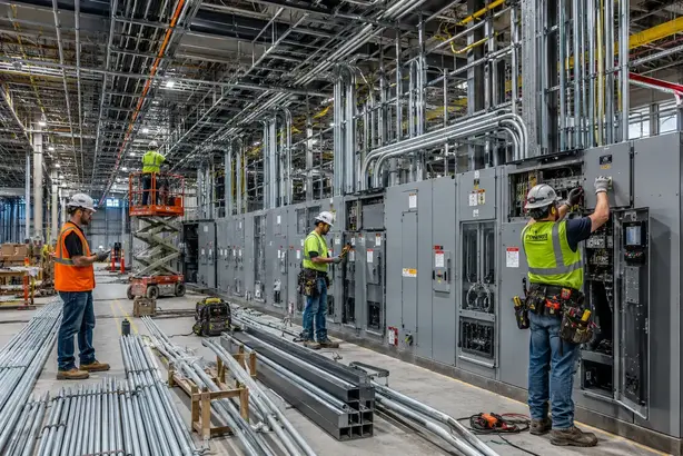 Electrical construction of mission-critical data center with conduit, switchgear, and wiring installation in Kansas City