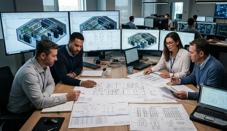 Electrical engineers designing data center infrastructure with blueprints, CAD models, and load calculations in Kansas City office
