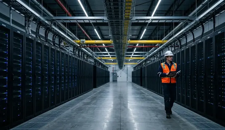 Large-scale data center server hall with redundant electrical systems and UPS infrastructure in Kansas City
