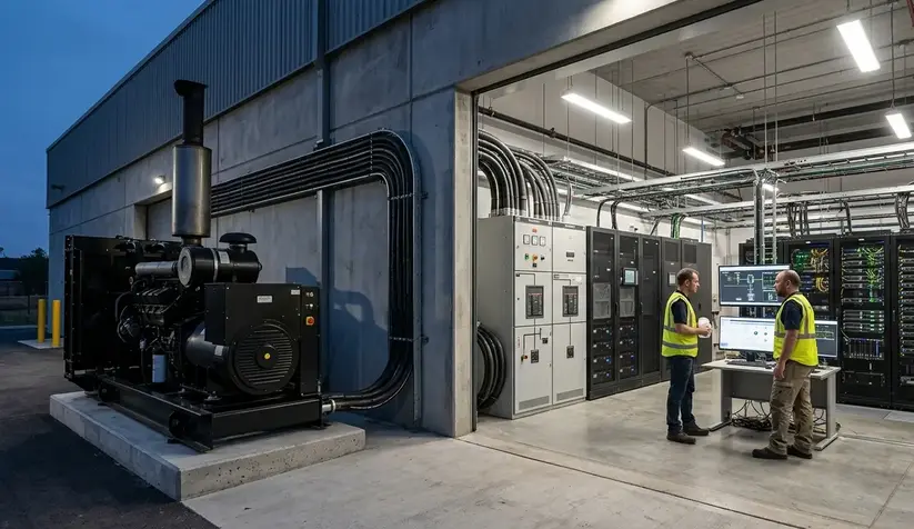 Backup generator connected to UPS system and data center power distribution infrastructure in Kansas City