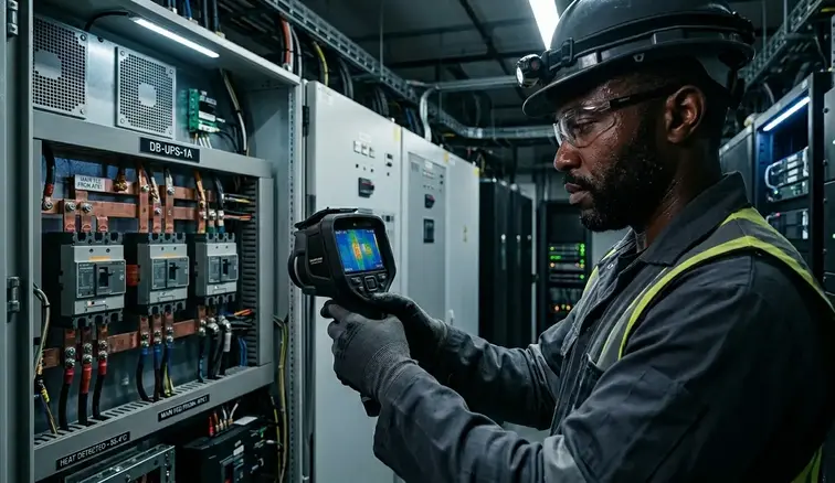 Infrared thermal inspection of electrical panel in Kansas City data center for preventive maintenance