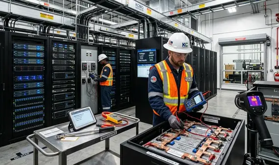 Technician performing UPS battery impedance testing and preventive maintenance in Kansas City data center