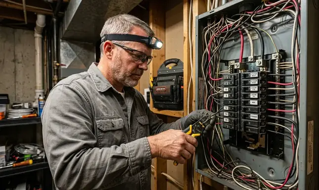 Electrician correcting unsafe wiring and code violations inside electrical panel