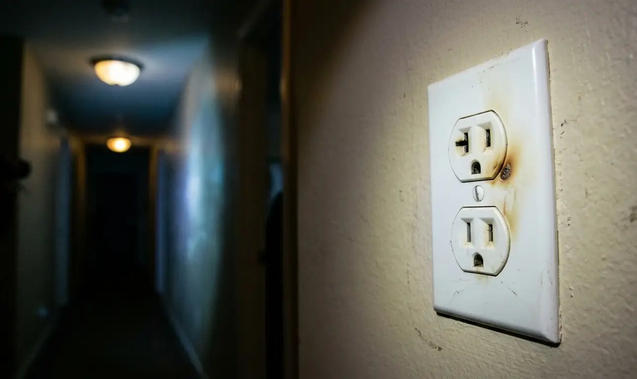 Overheated electrical outlet and flickering lights indicating wiring danger in Kansas City home