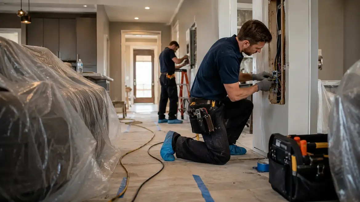 Electricians protecting floors and furniture while performing wiring repairs in Kansas City home