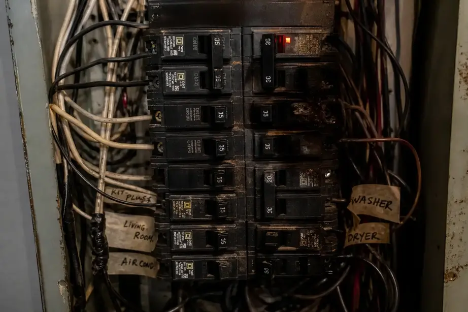 Overloaded electrical panel with tripped breakers in Kansas City home