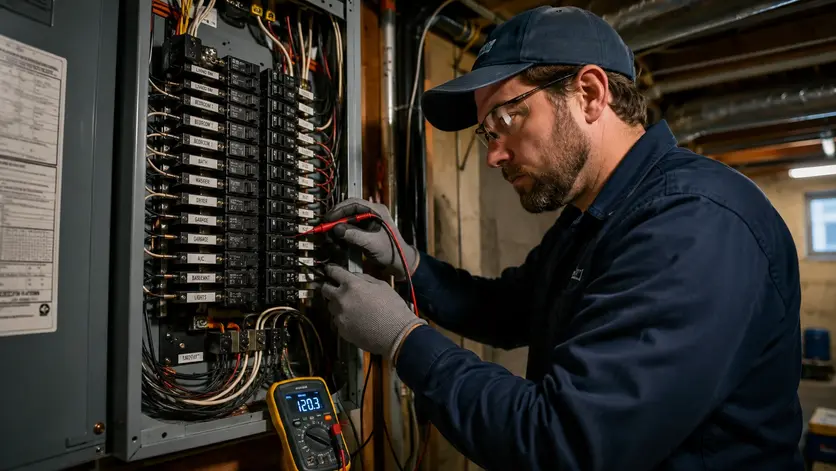 Electrician repairing complex wiring issues inside residential electrical panel in Kansas City home