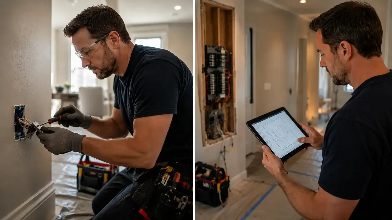 Electrician comparing wiring repair options versus full home rewiring in Kansas City house