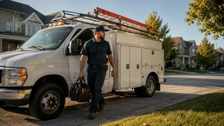Electrical service truck working in Kansas City neighborhood residential street